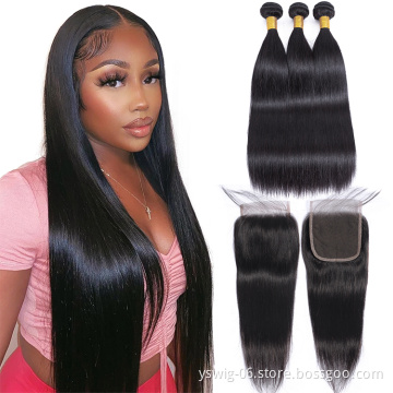 Wholesale Mink Brazilian Human Hair Weave Bundles with Closure, Raw Mink Human Hair Extension Virgin Cuticle Aligned Hair